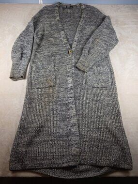 Women’s Long Knit Cardigan Sweater Gray Marled Rib Knit Size Large